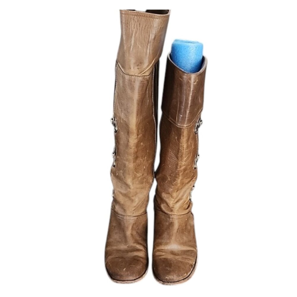 FRYE VINTAGE Chestnut Leather Tall Riding Boots 6.5 Harness Buckle OTK Moto - Picture 7 of 16